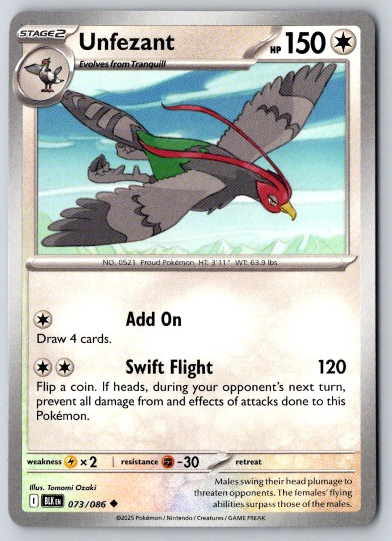 Unfezant 073/086 Uncommon Black Bolt Pokemon Near Mint