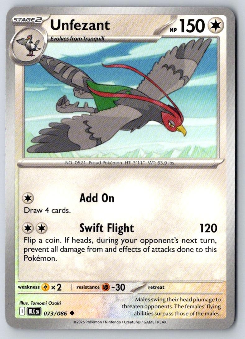 Unfezant 073/086 Uncommon Black Bolt Pokemon Near Mint