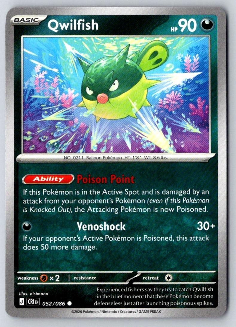 Qwilfish 052/086 Common Chaos Rising Pokemon Near Mint