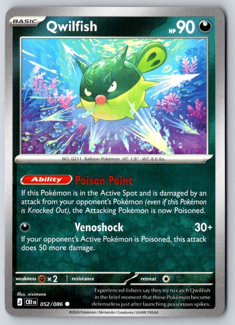 Qwilfish 052/086 Common Chaos Rising Pokemon Near Mint