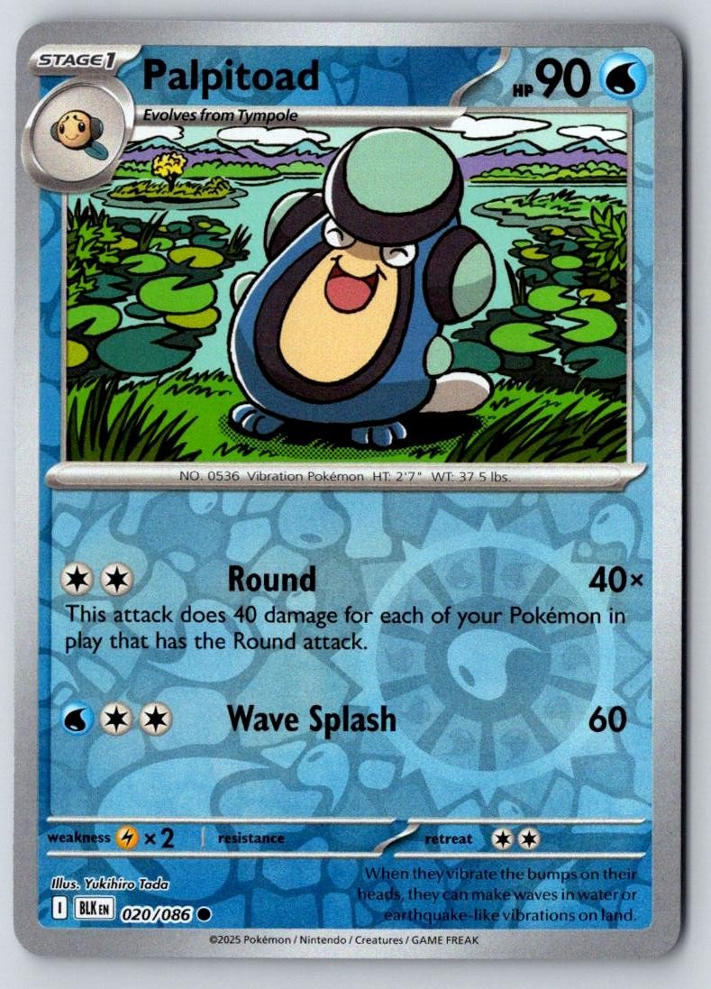 Palpitoad 020/086 Common Black Bolt Pokemon Reverse Holo Near Mint