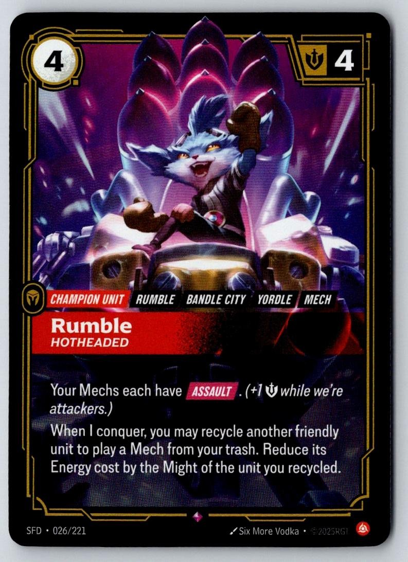 Rumble - Hotheaded 026/221 Rare Spiritforged Riftbound Foil Near Mint