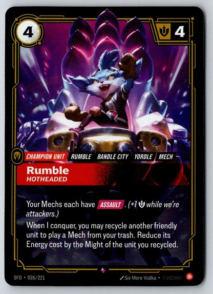 Rumble - Hotheaded 026/221 Rare Spiritforged Riftbound Foil Near Mint