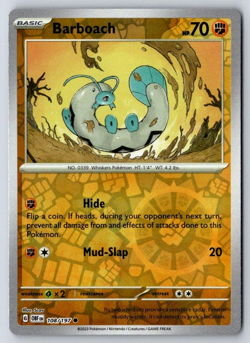 Barboach 108/197 Common Obsidian Flames Pokemon Near Mint