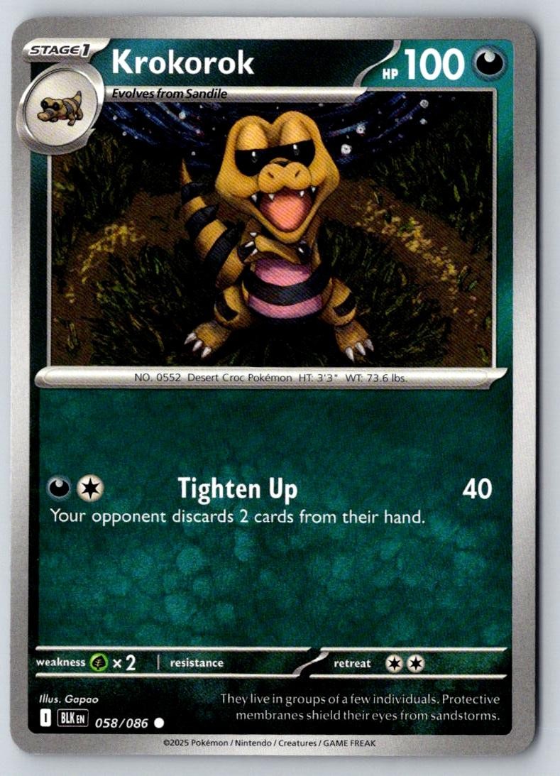 Krokorok 058/086 Common Black Bolt Pokemon Near Mint