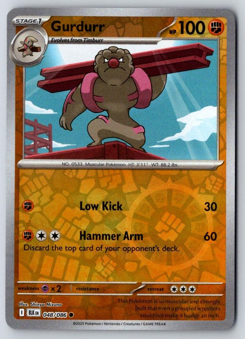Gurdurr 048/086 Common Black Bolt Pokemon Reverse Holo Near Mint