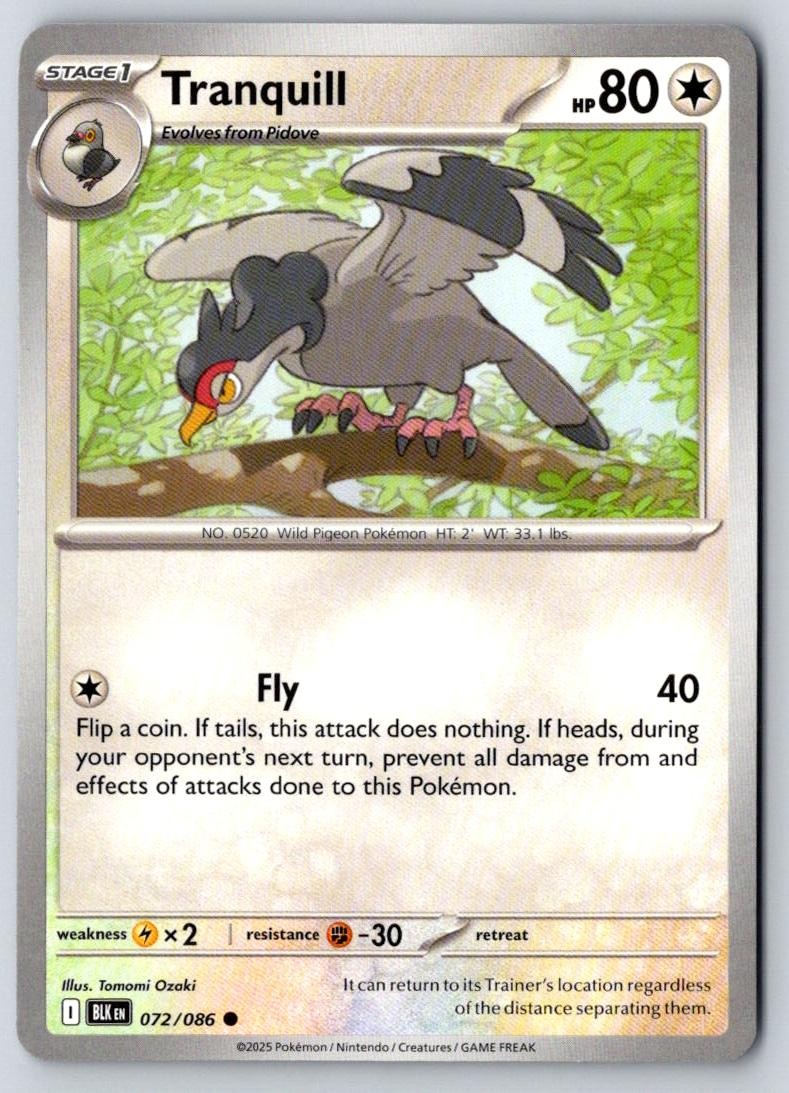 Tranquill 072/086 Common Black Bolt Pokemon Near Mint